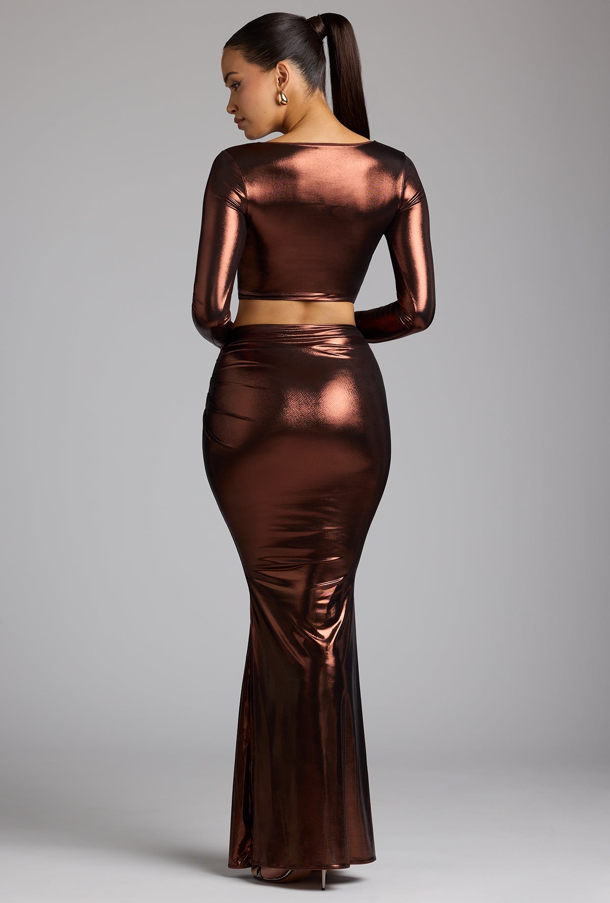 Mid Rise Metallic Jersey Maxi Skirt in Copper Bronze