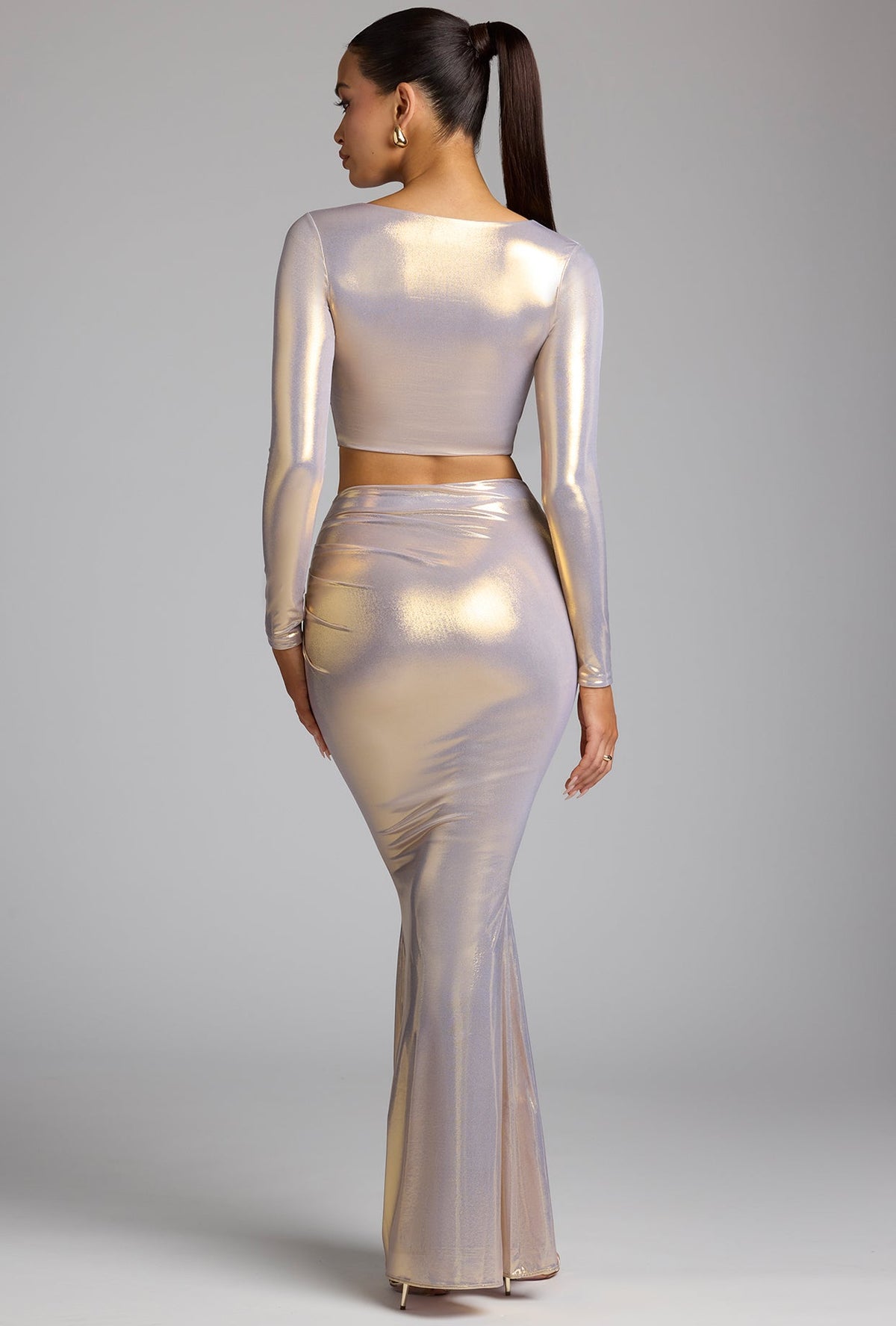 Mid Rise Metallic Jersey Maxi Skirt in Light Gold