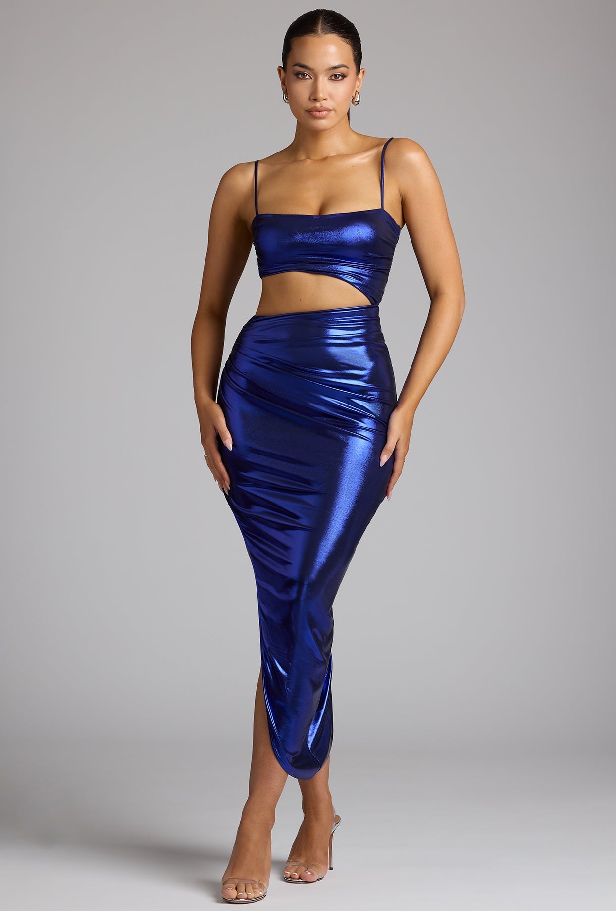 Bahati Cut Out Draped Metallic Jersey Maxi Dress in Electric Blue | Oh ...