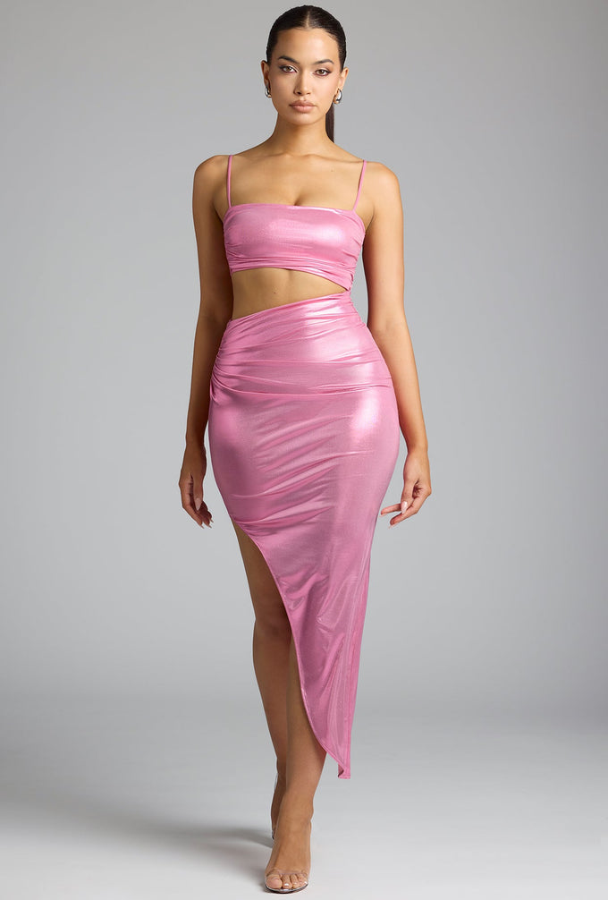 Draped Metallic Jersey Maxi Dress in Rose Pink