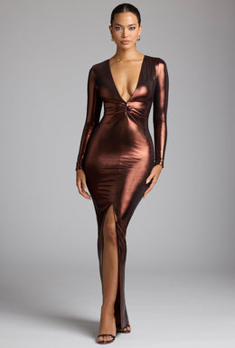 Vestido de noite em jérsei metálico de manga comprida em cobre e bronze