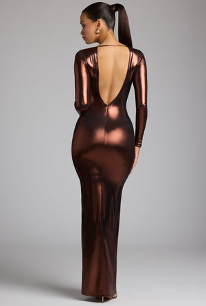 Safiya Long Sleeve Plunge Neck Metallic Jersey Evening Gown in Copper Bronze | Oh Polly Safiya Long Sleeve Plunge Neck Metallic Jersey Evening Gown in Copper Bronze | Oh Polly