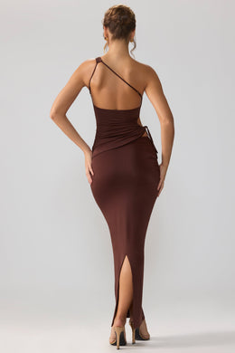 Falda larga de punto ceñido con cintura asimétrica en color espresso