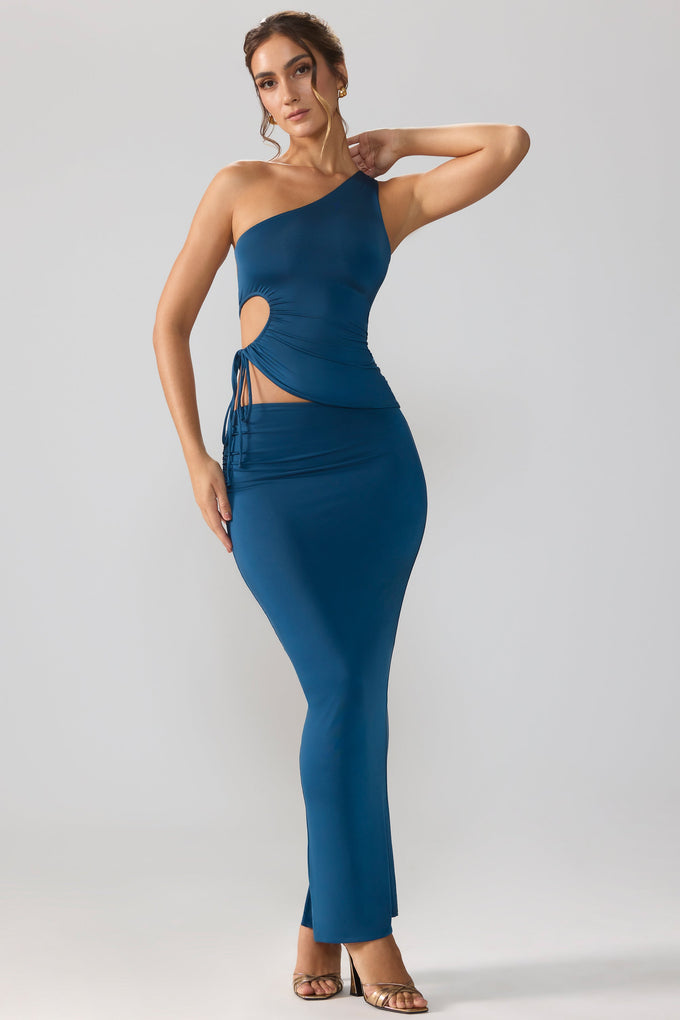 Falda larga de punto ceñido con cintura asimétrica en azul medianoche