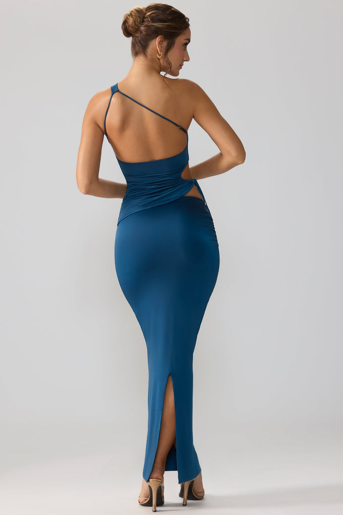 Falda larga de punto ceñido con cintura asimétrica en azul medianoche