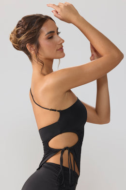 Slinky Jersey Ruched Cut Out One Shoulder Top in Black