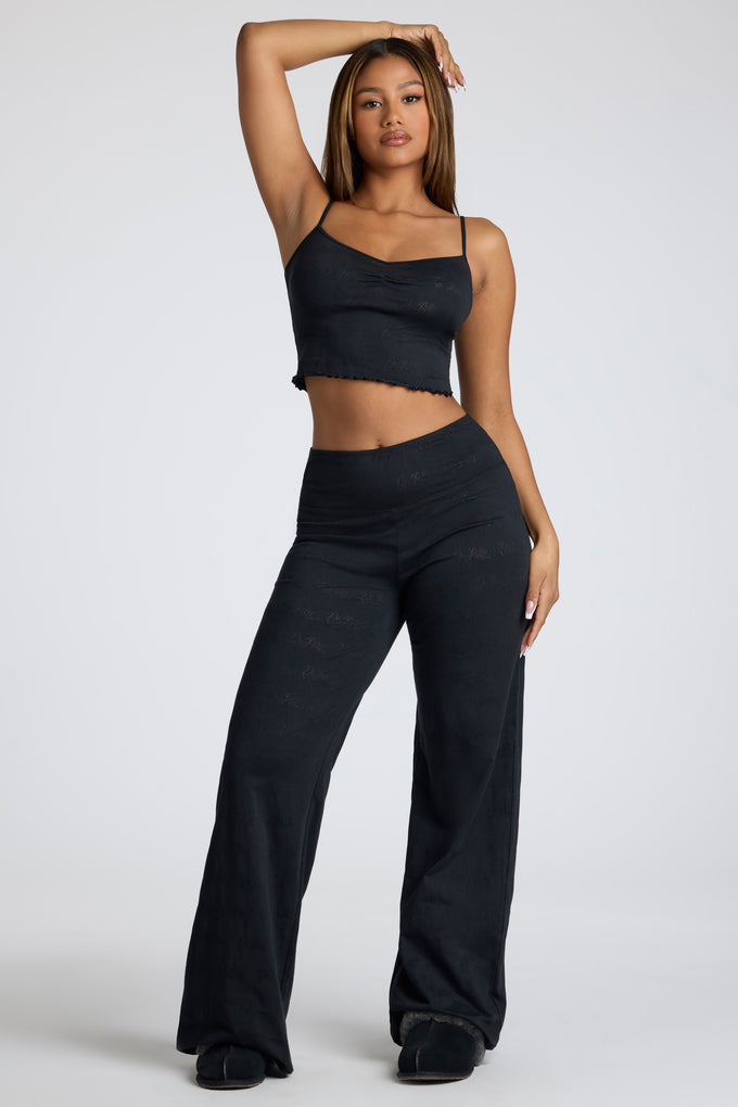 Mid Rise Straight Leg Pointelle Trousers in Black
