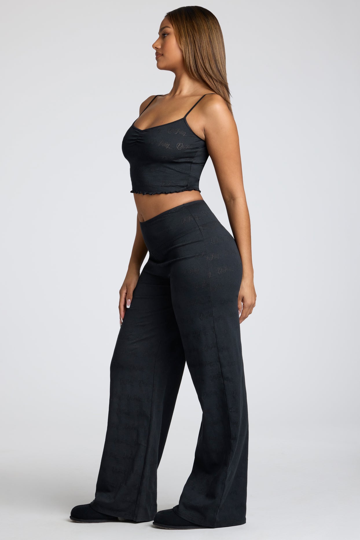 Loungewear Tall Mid Rise Straight Leg Pointelle Trousers in Black