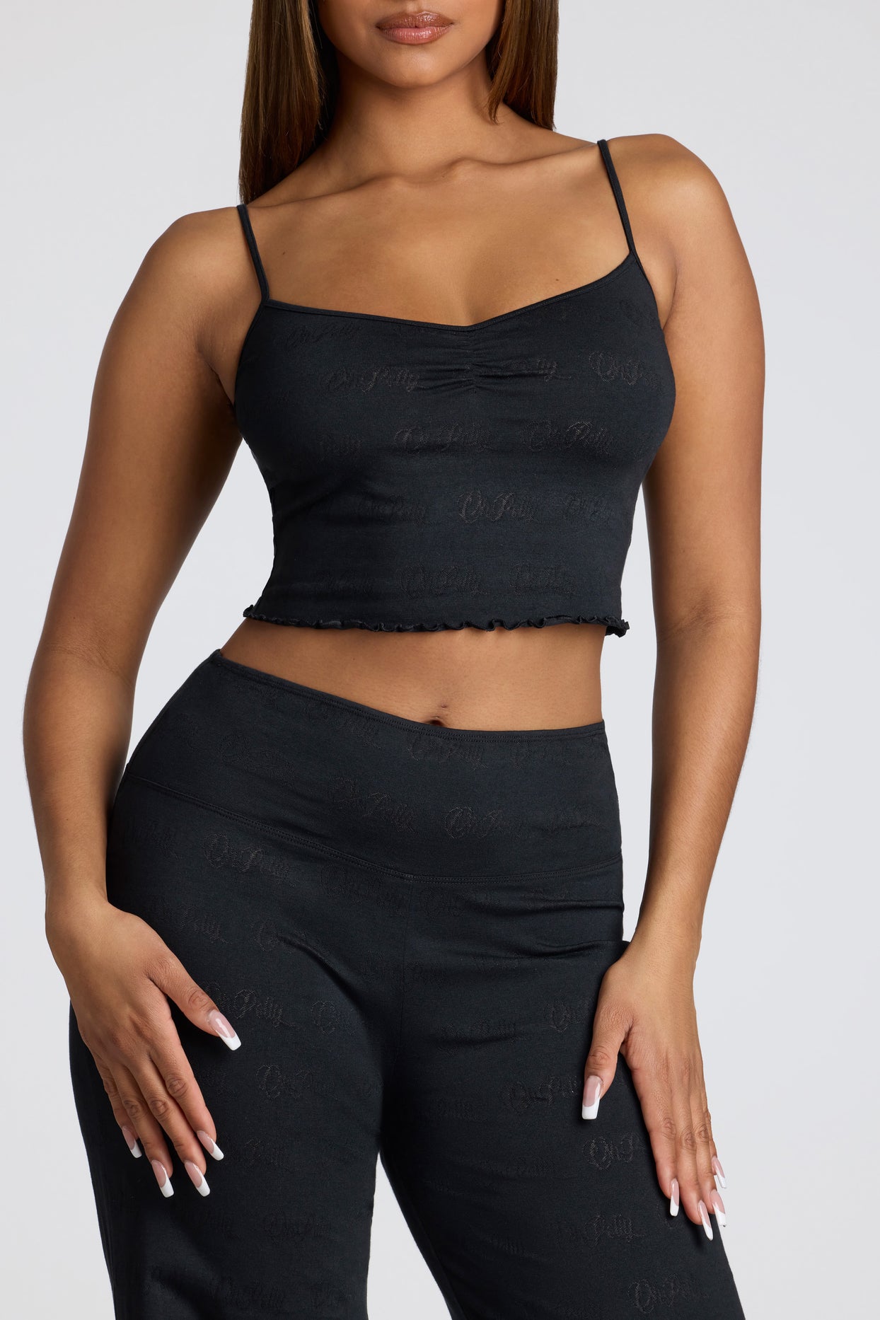 Loungewear Strappy Ruched Pointelle Crop Top in Black