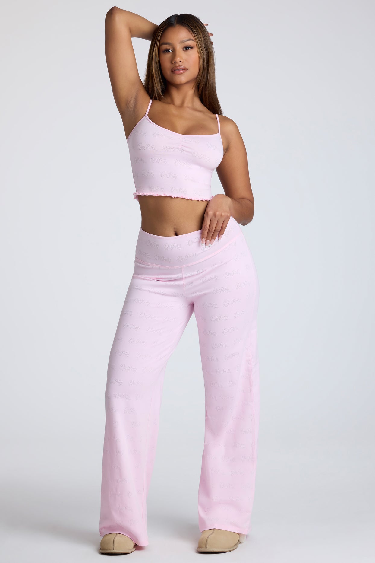 Loungewear Mid Rise Straight Leg Pointelle Trousers in Baby Pink