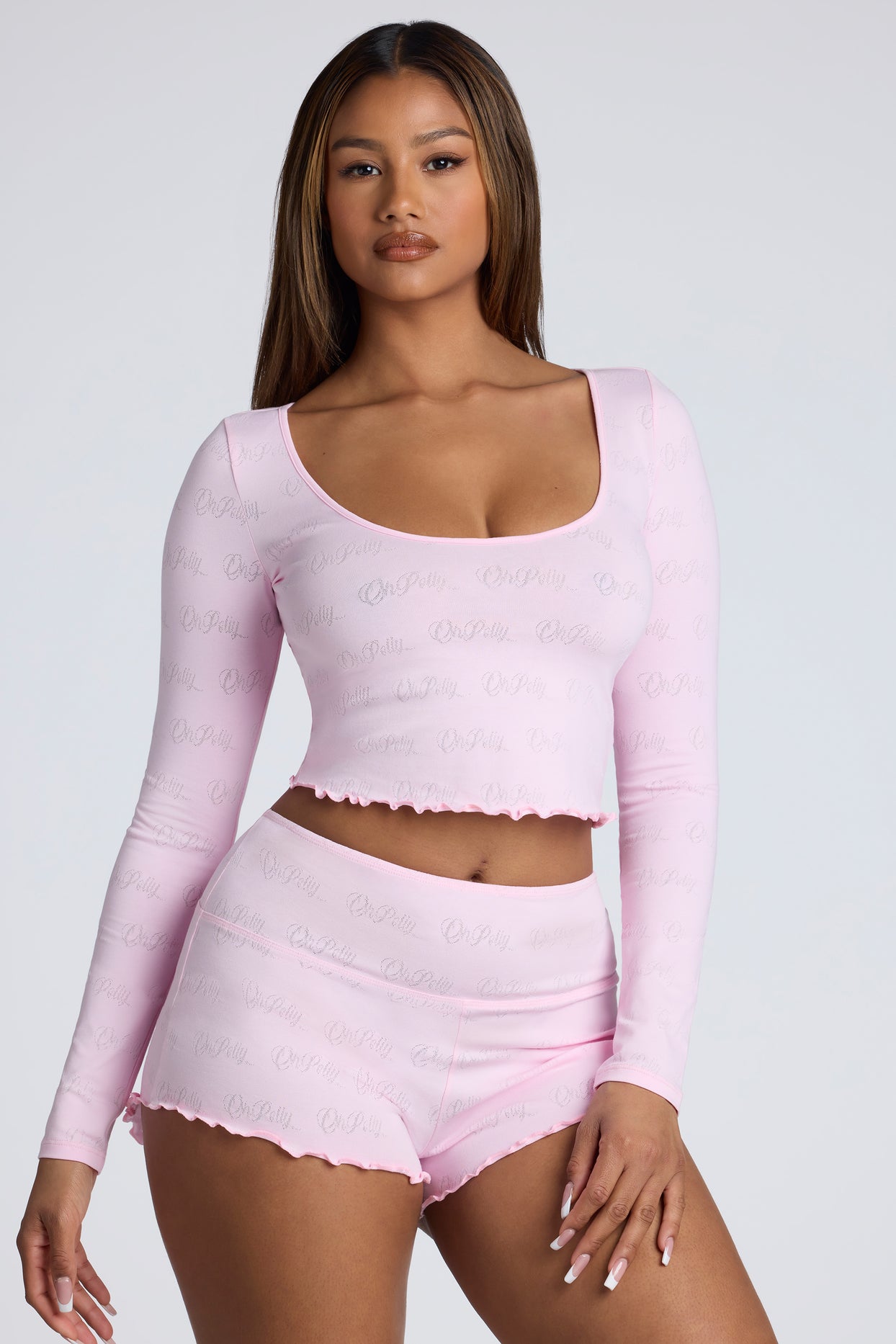 Loungewear Long Sleeve Scoop Neck Pointelle Crop Top in Baby Pink
