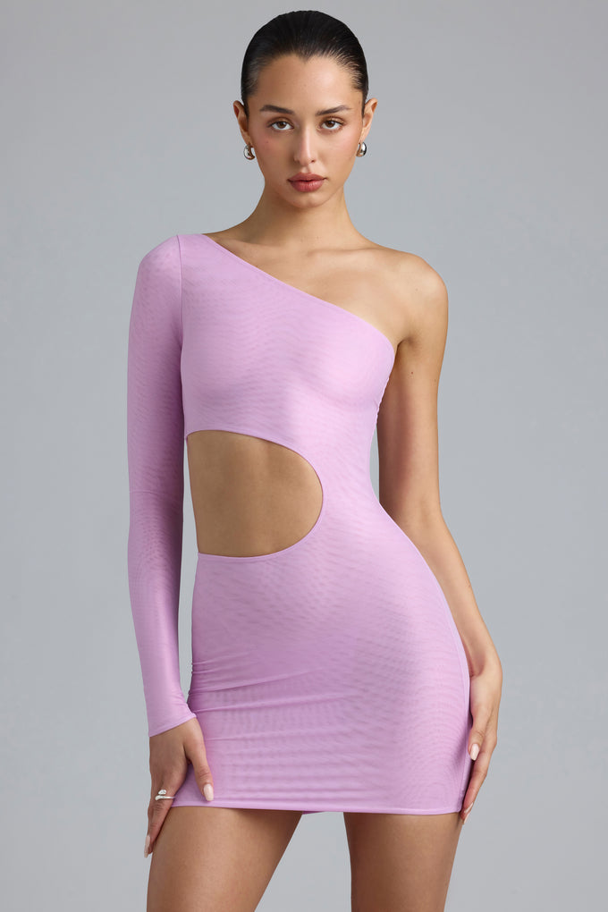 Metallic Cut-Out One-Shoulder Mini Dress in Violet Pink
