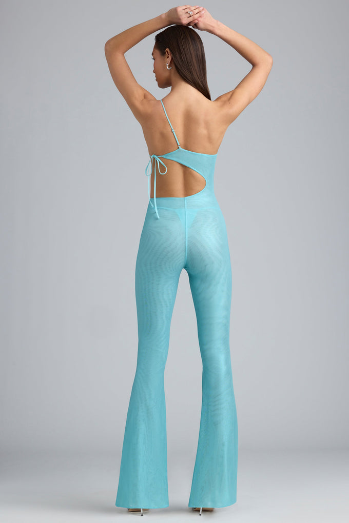 Metallic Ruched Cut-Out Flared Jumpsuit in Ice Blue