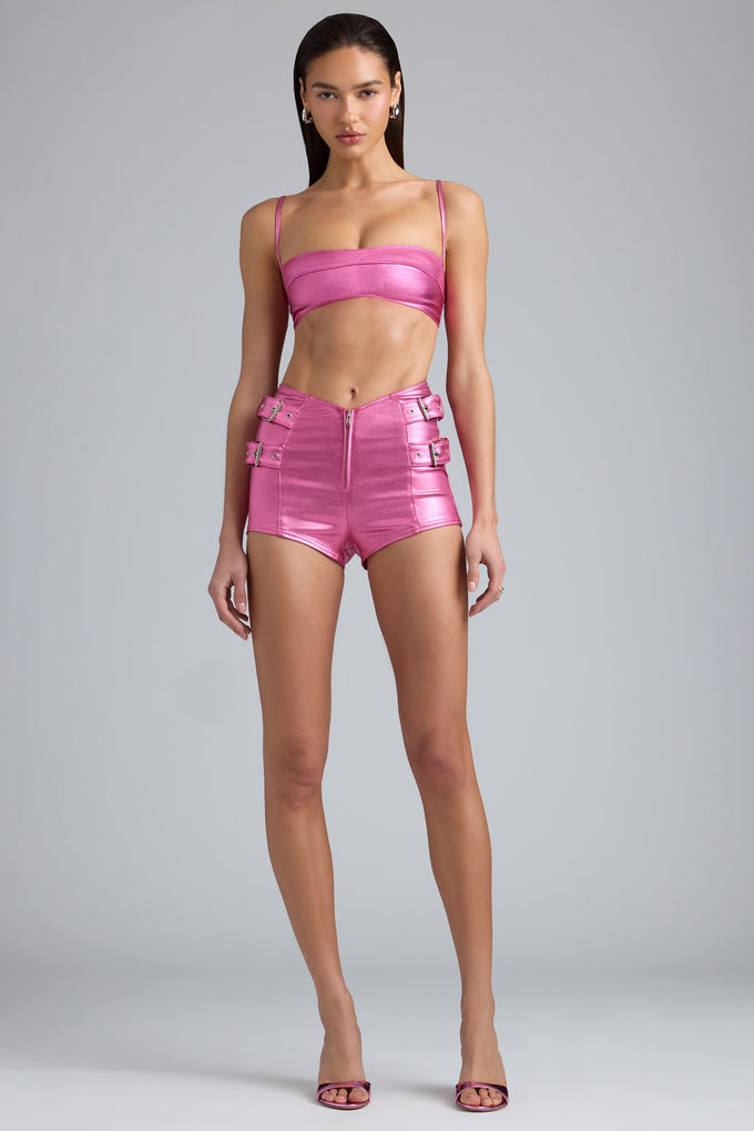 Metallic High-Waist Denim Shorts in Deep Pink