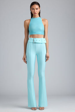 Metallic Belted Mid-Rise Flared Trousers in Ice Blue