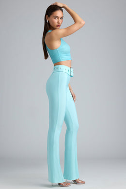 Metallic Belted Mid-Rise Flared Trousers in Ice Blue