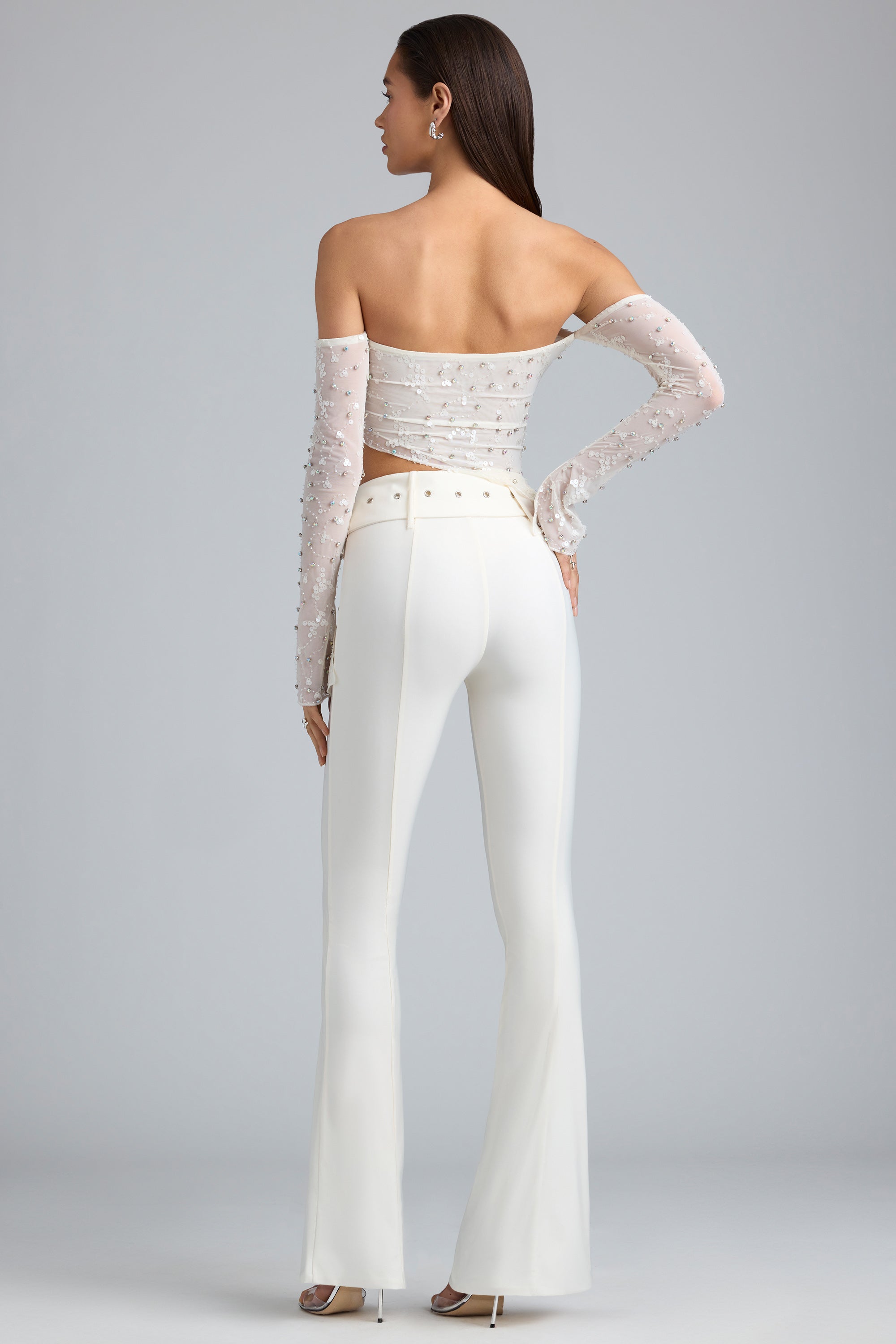 Petite Metallic Belted Mid-Rise Flared Trousers in Ivory