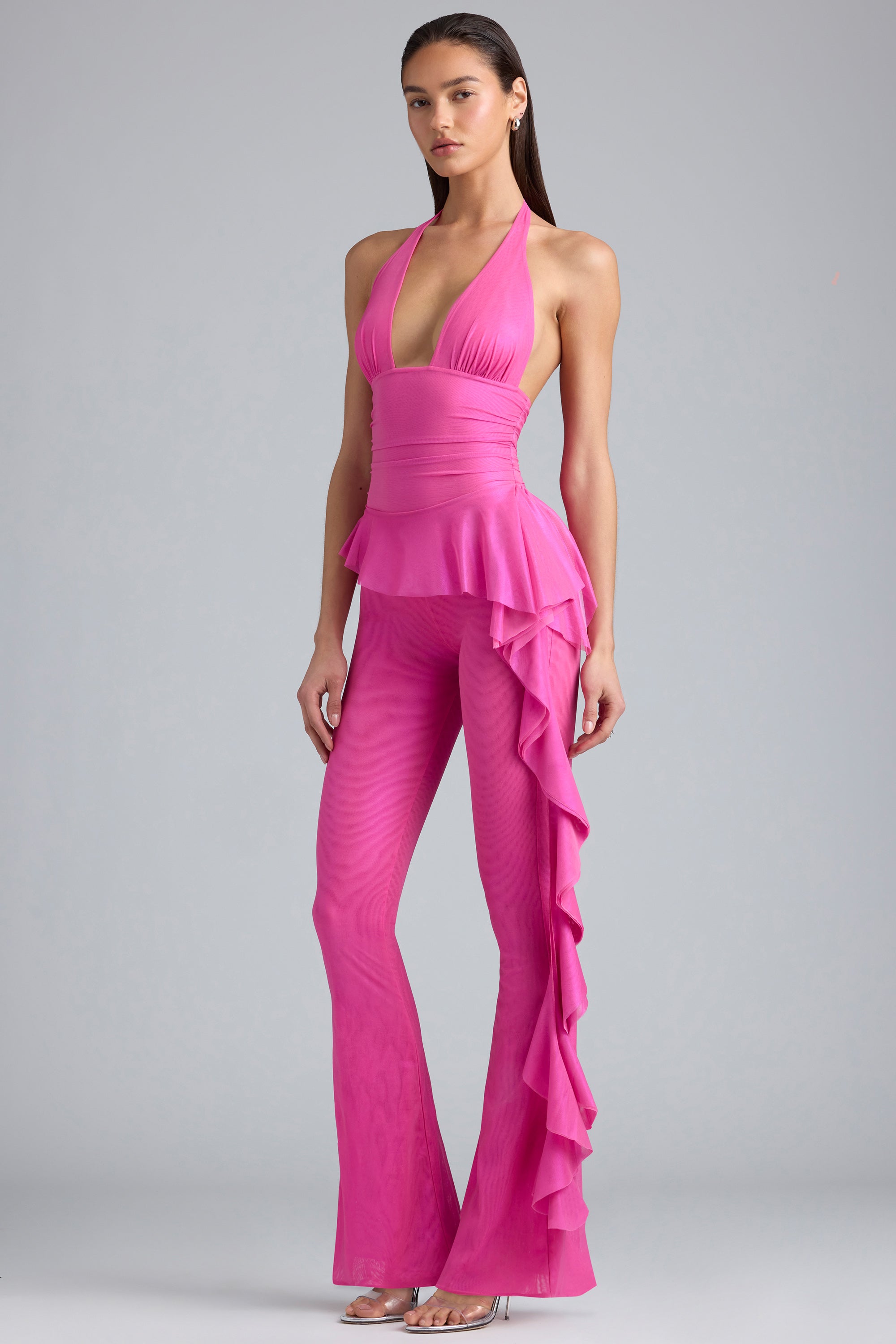 Tall Metallic Ruffle Low-Rise Flared Trousers in Bubblegum Pink