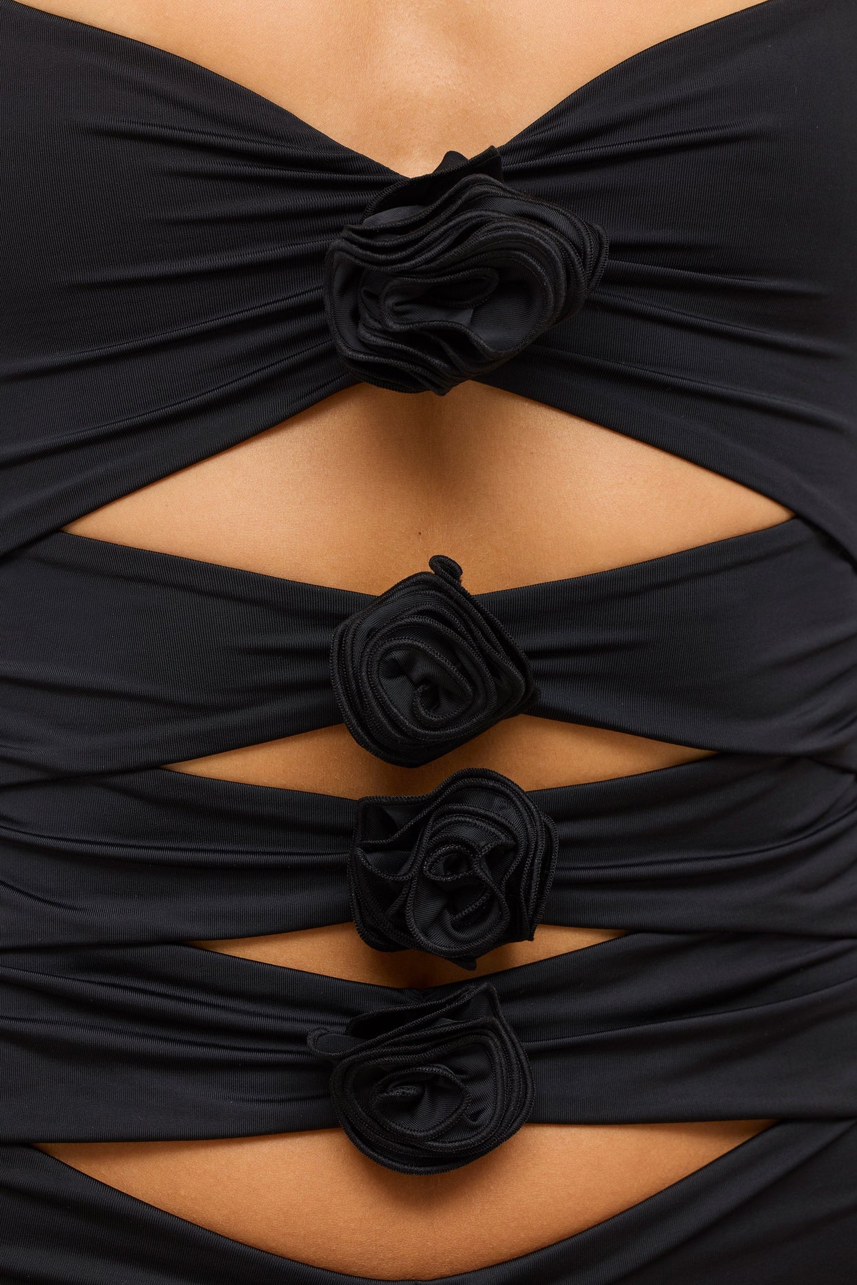 Slinky Jersey Rose Detail Cut Out Mini Dress in Black