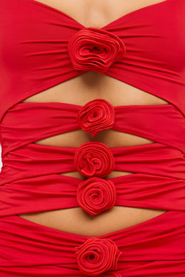 Minivestido ajustado de punto con detalle de rosa y abertura en rojo escarlata