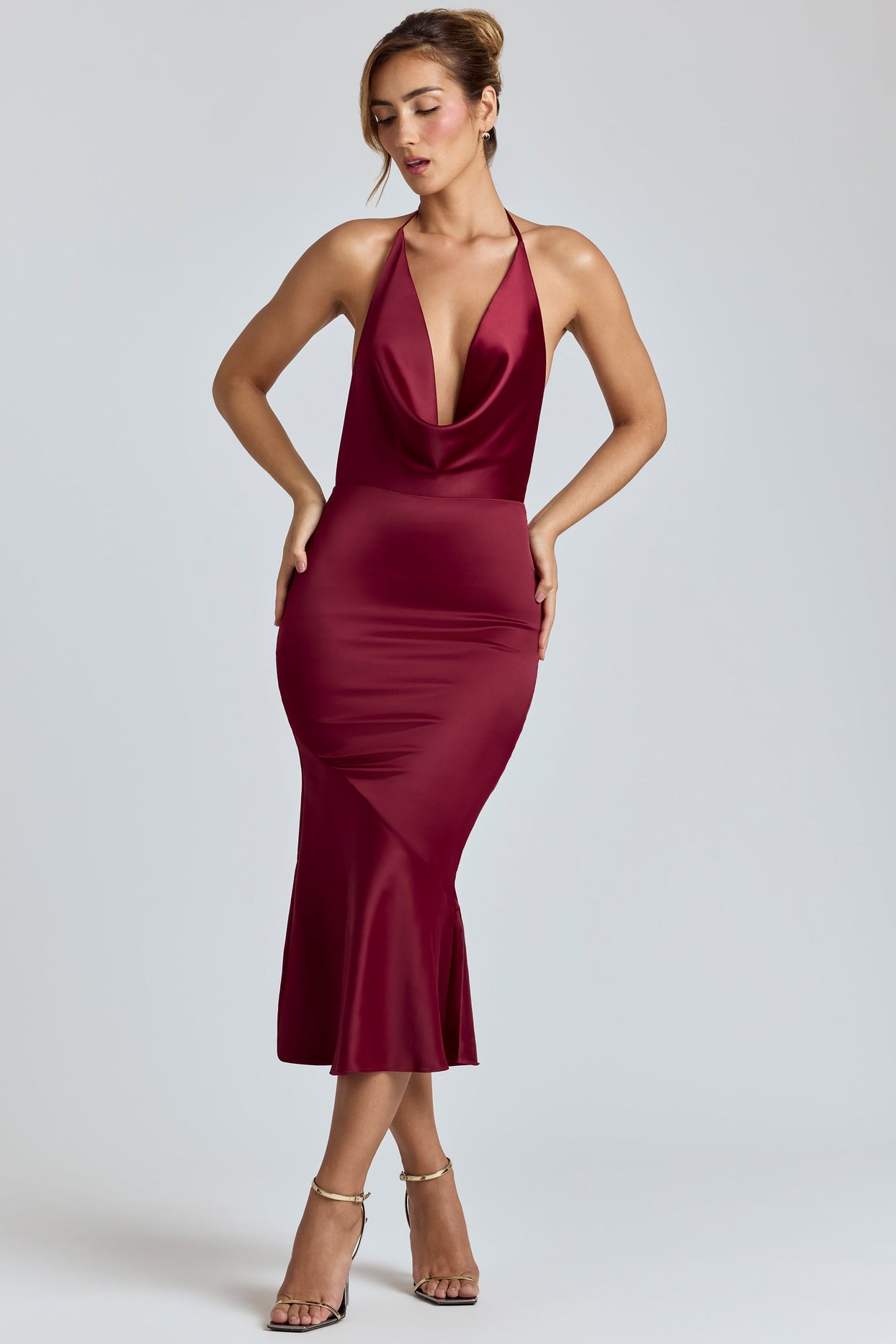 Red Burgundy Satin Corset Cowl Neck Maxi Prom Formal Dress with