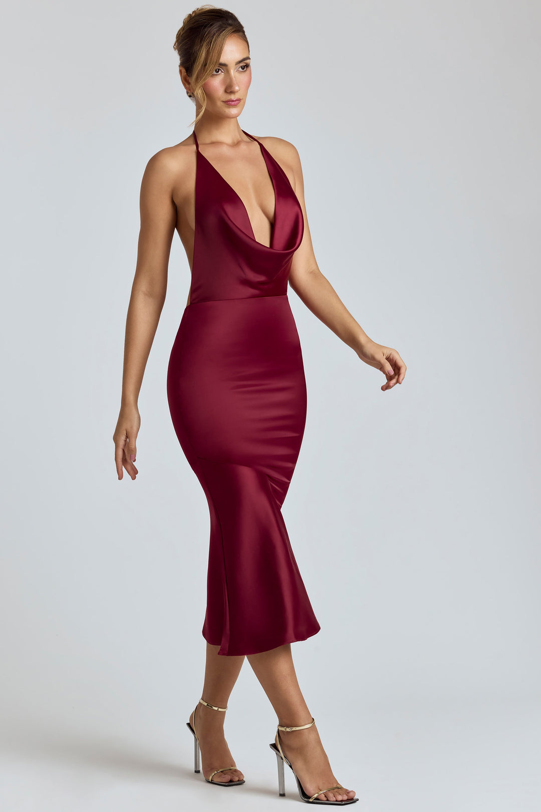 Lorelei Cowl Neck Satin Midaxi Dress In Burgundy Oh Polly 7666