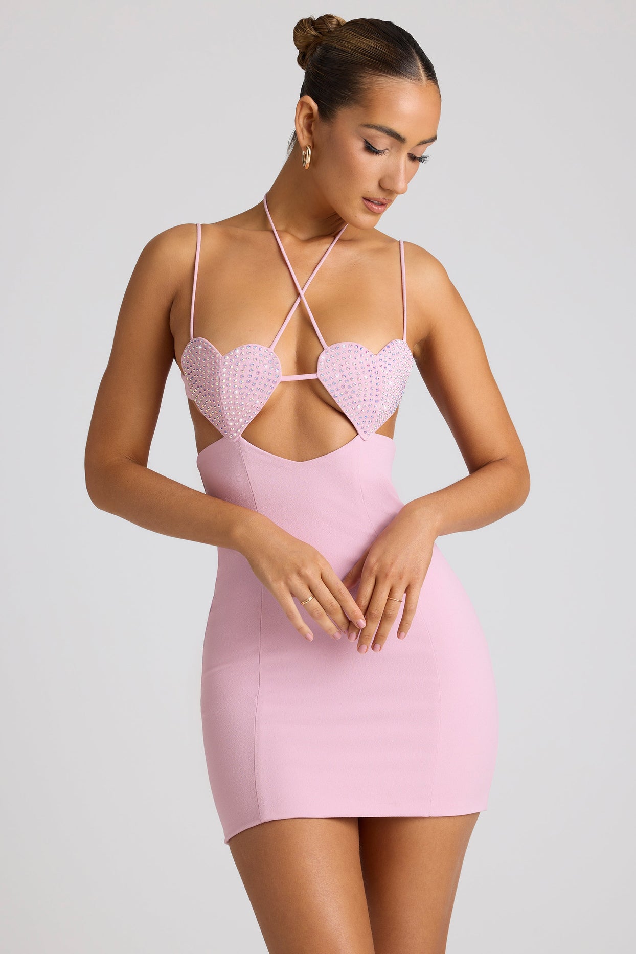 Embellished Heart Cup Detail Mini Dress in Soft Pink