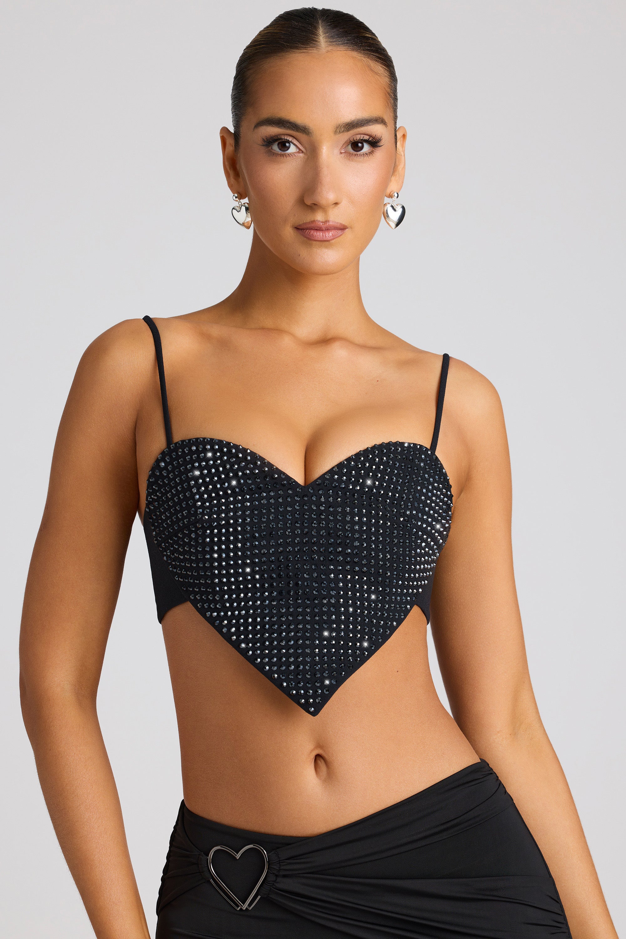 Embellished Heart Detail Crop Top in Black