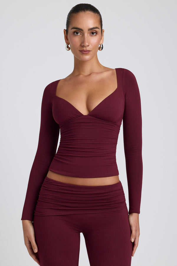 Modal Ruched Long-Sleeve Top in Plum - 1