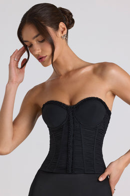Ruched Lace-Up Strapless Corset Top in Black