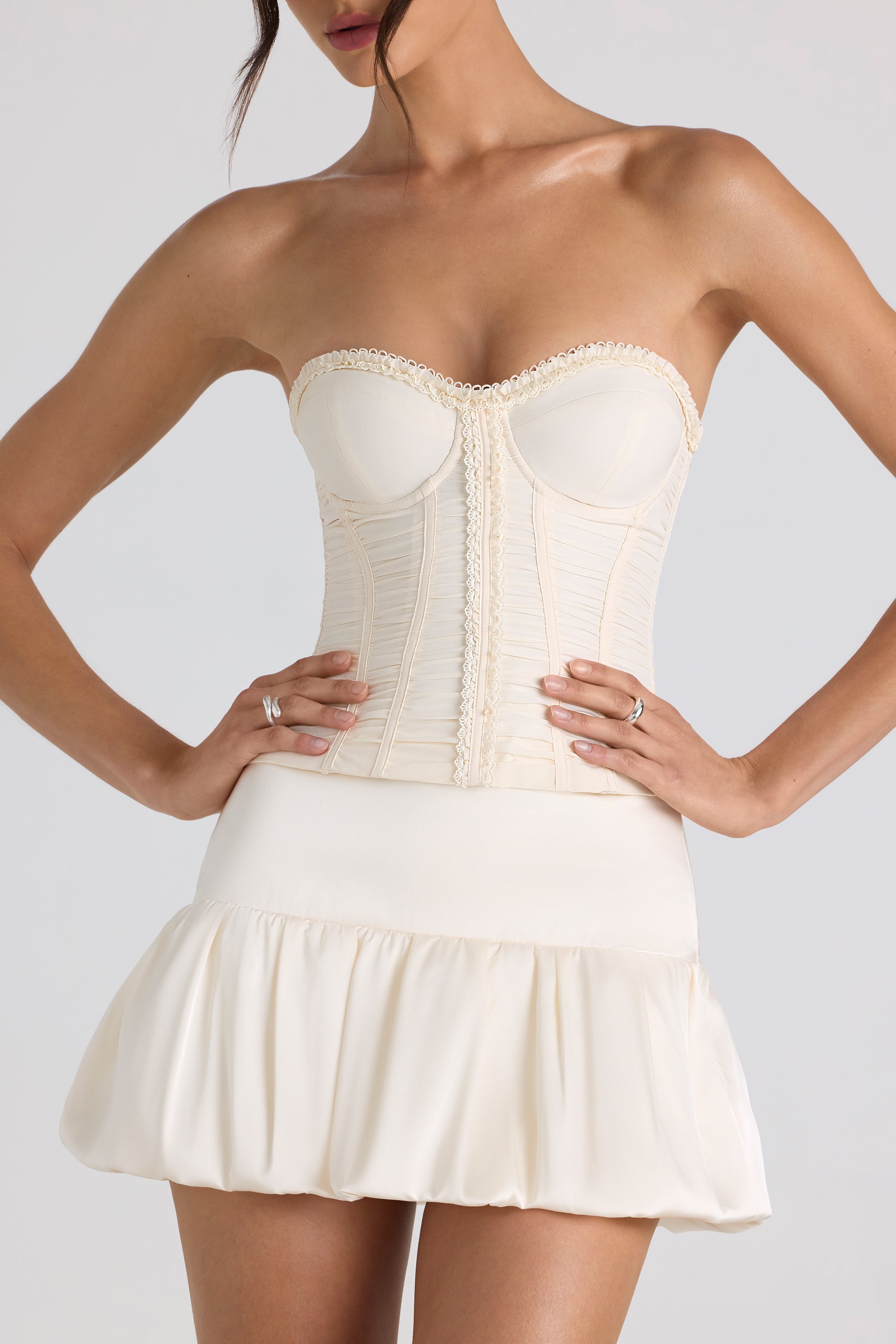 Melvina Ruched Lace-Up Strapless Corset Top in Ivory | Oh Polly
