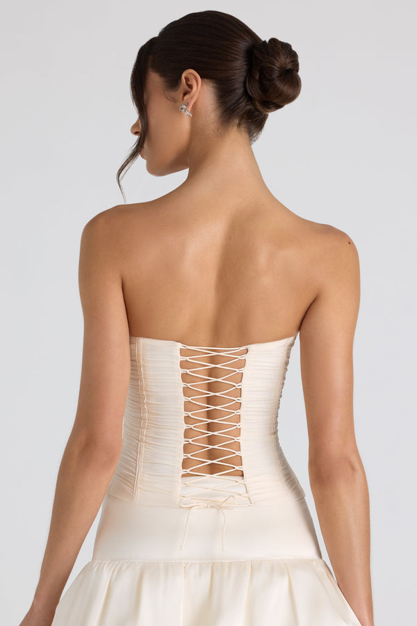 Ruched Lace-Up Strapless Corset Top in Ivory - 2