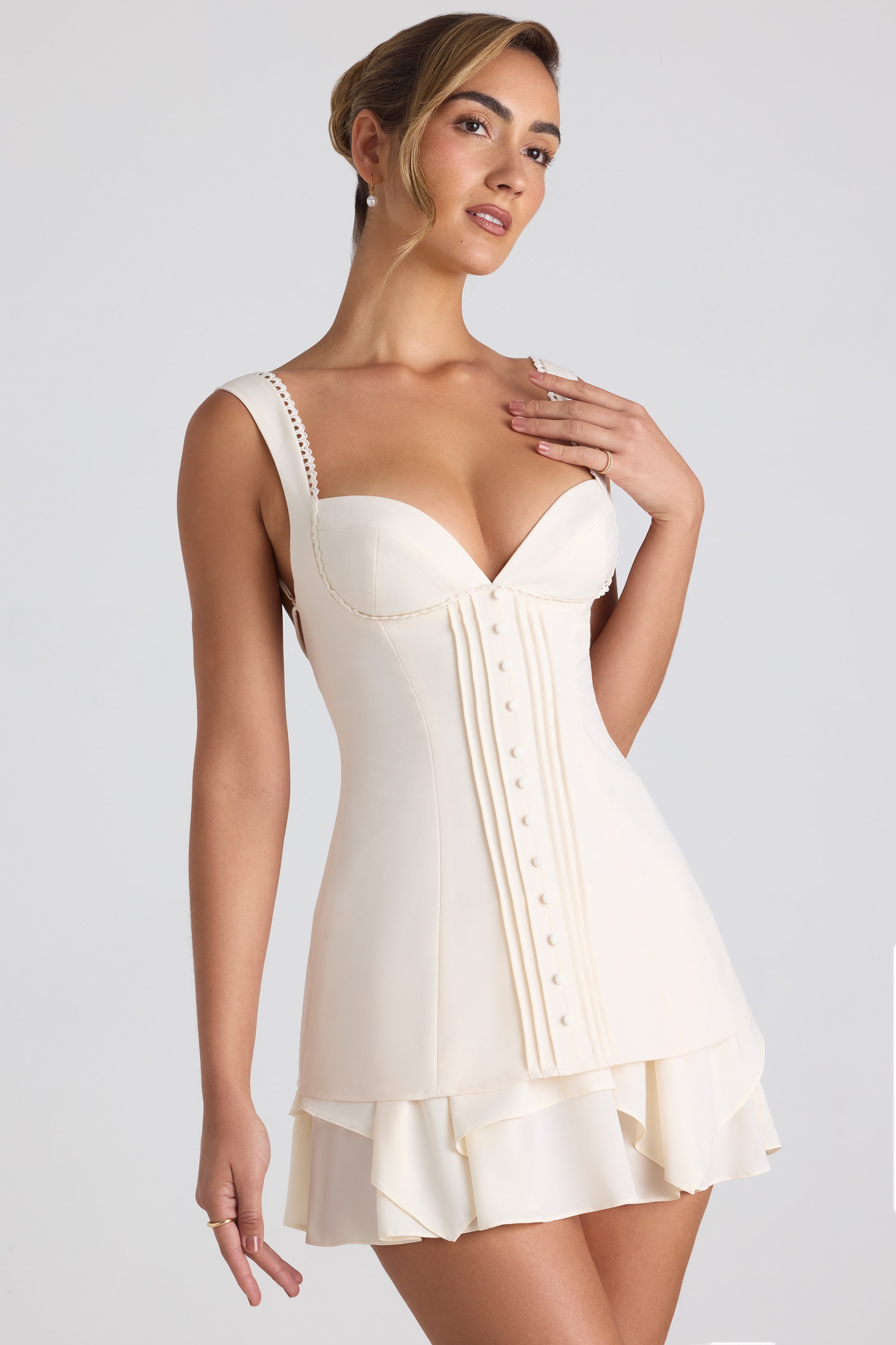 Ruffle-Trim Button-Detail Corset Mini Dress in Ivory - 4