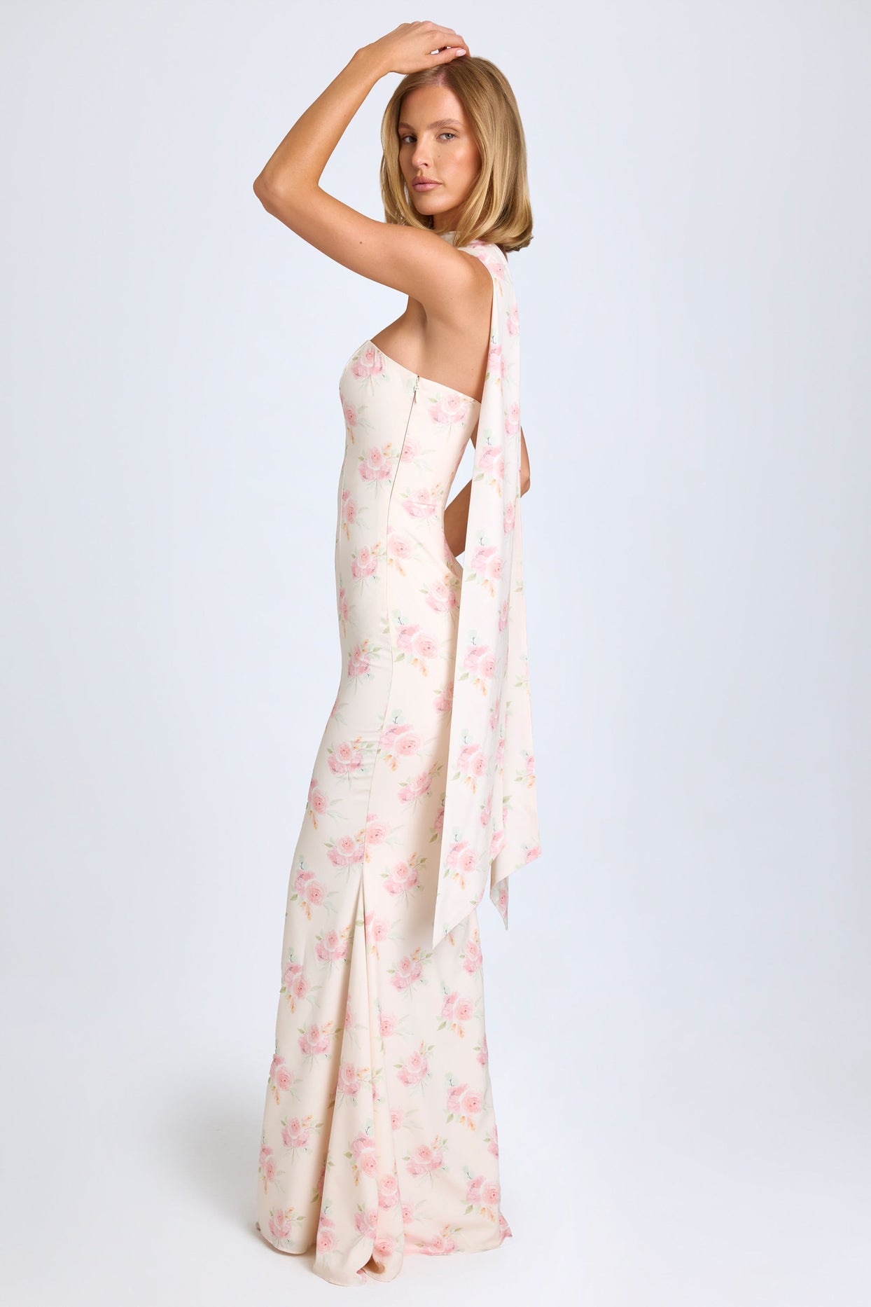 Scarf-Detail Strapless Gown in Large Rose Print