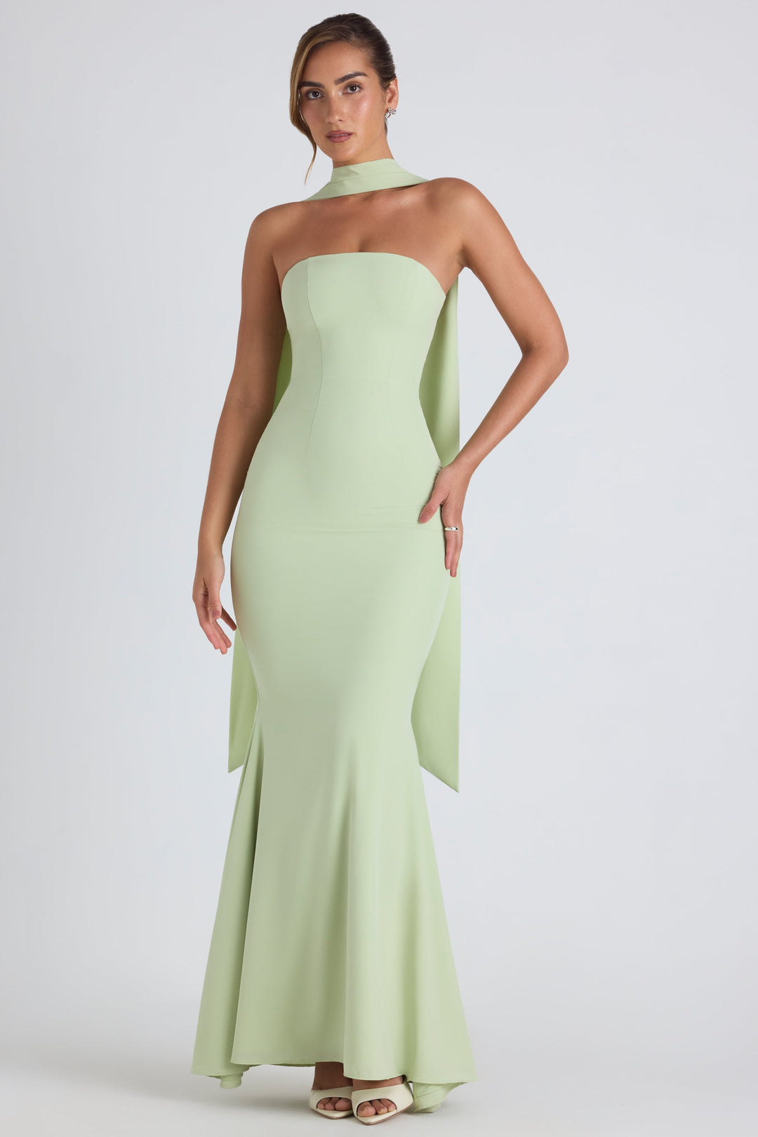 Imogene Scarf-Detail Strapless Gown in Spring Green | Oh Polly