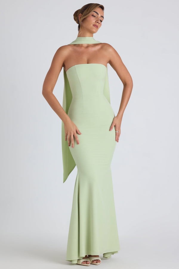 Scarf-Detail Strapless Gown in Spring Green - 1