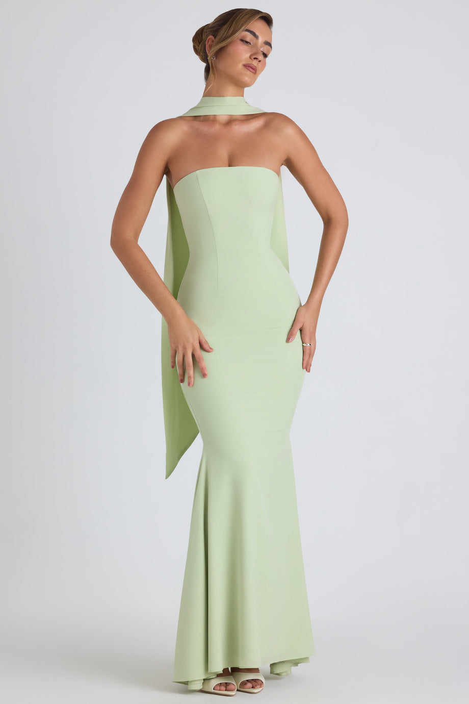 Scarf-Detail Strapless Gown in Spring Green