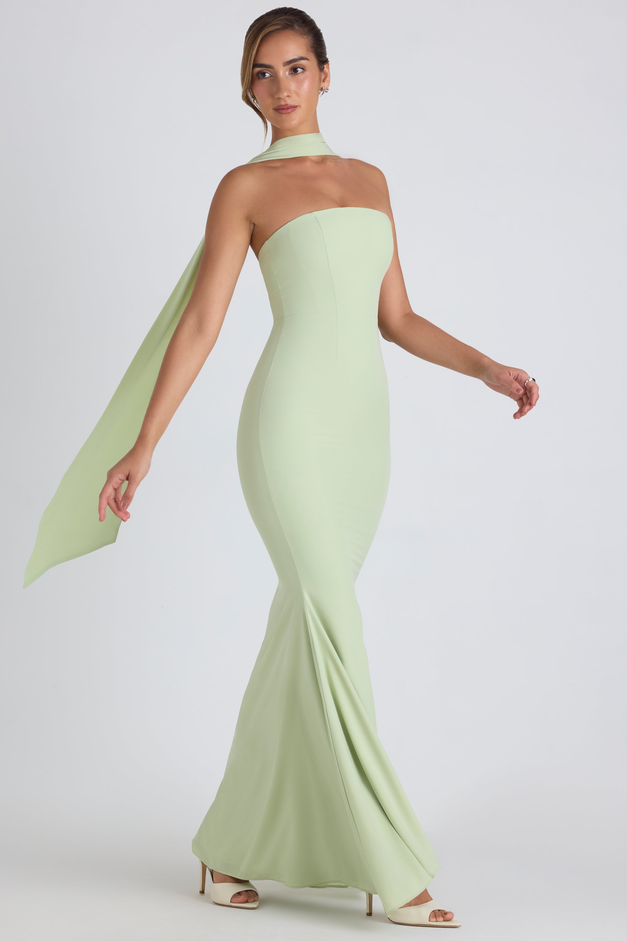 Imogene Scarf-Detail Strapless Gown in Spring Green