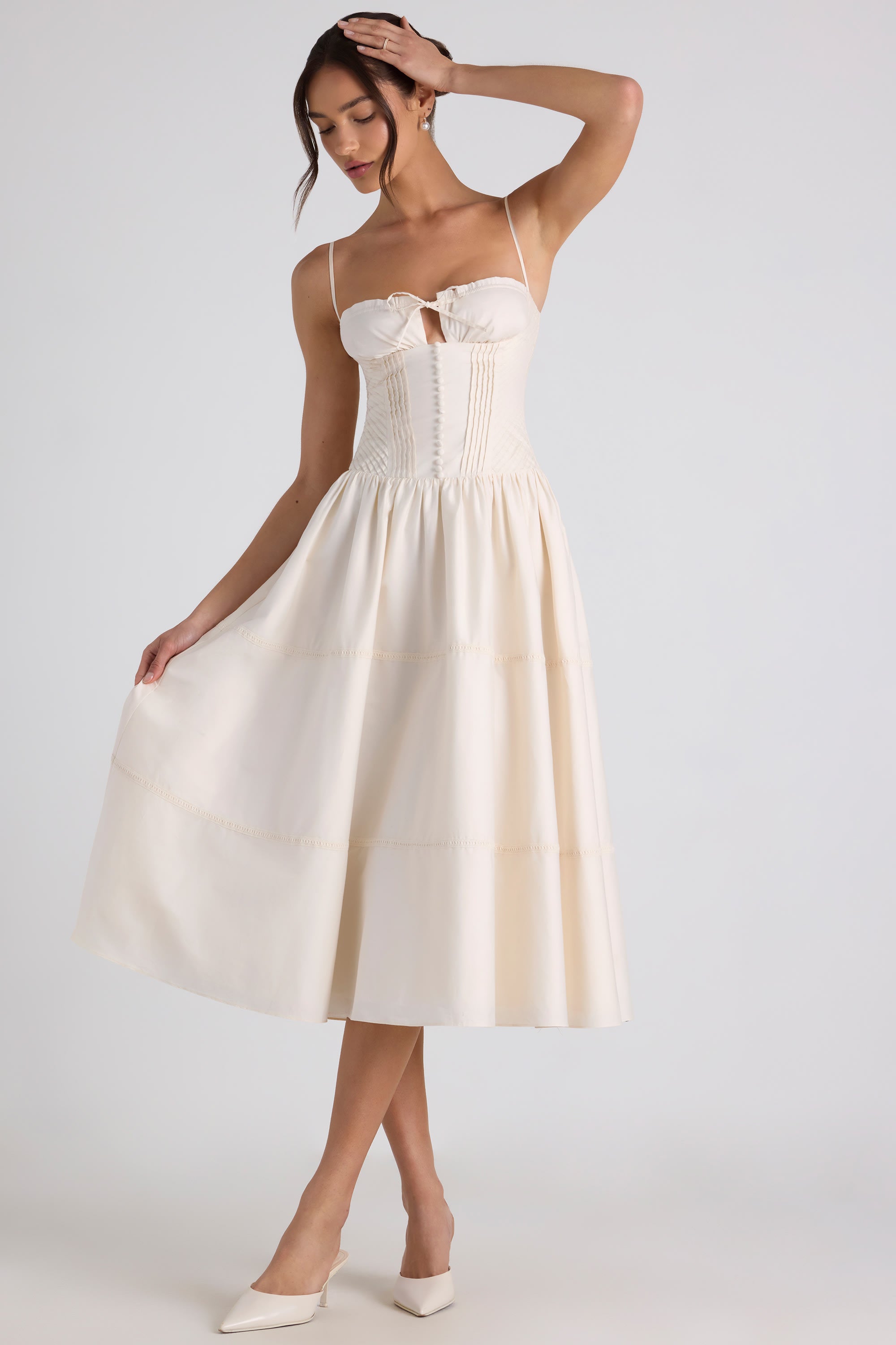 Esmeralda Lace-Trim Pintucked Poplin Midaxi Dress in Ivory | Oh