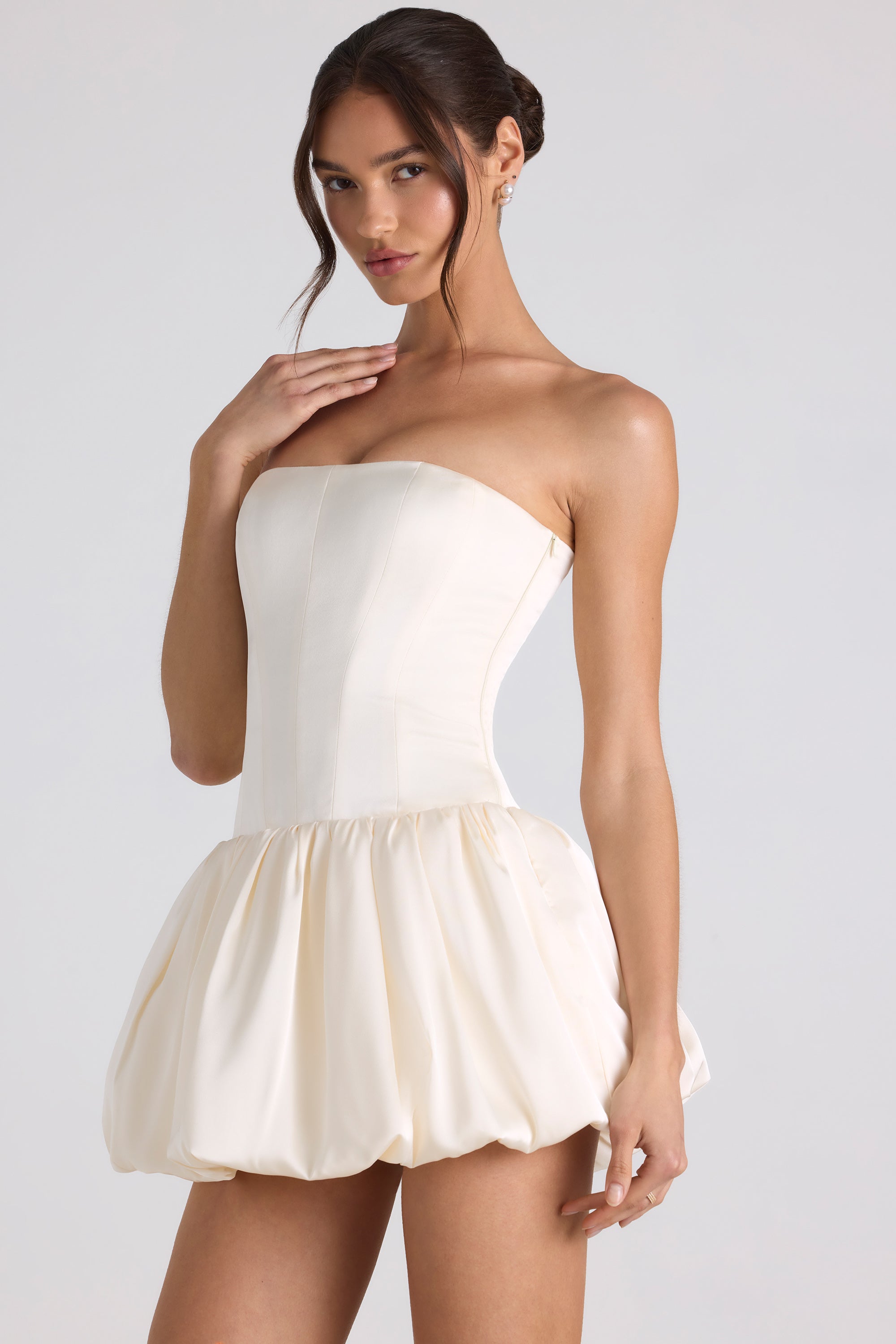 Fabiola Lace-Up Bubble Hem Corset Mini Dress in Ivory | Oh Polly 6 Fabiola Lace-Up Bubble Hem Corset Mini Dress in Ivory | Oh Polly 6