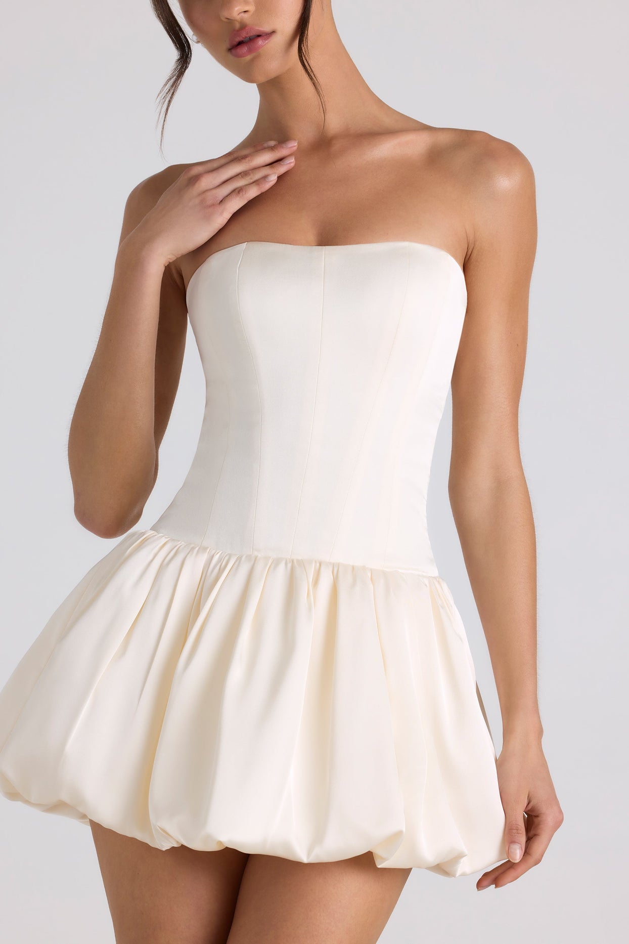 Fabiola Lace-Up Bubble Hem Corset Mini Dress in Ivory