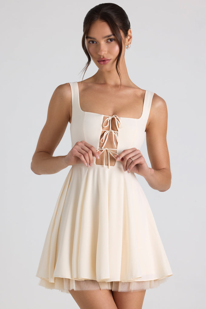 Tie-Detail A-Line Micro Mini Dress in Ivory