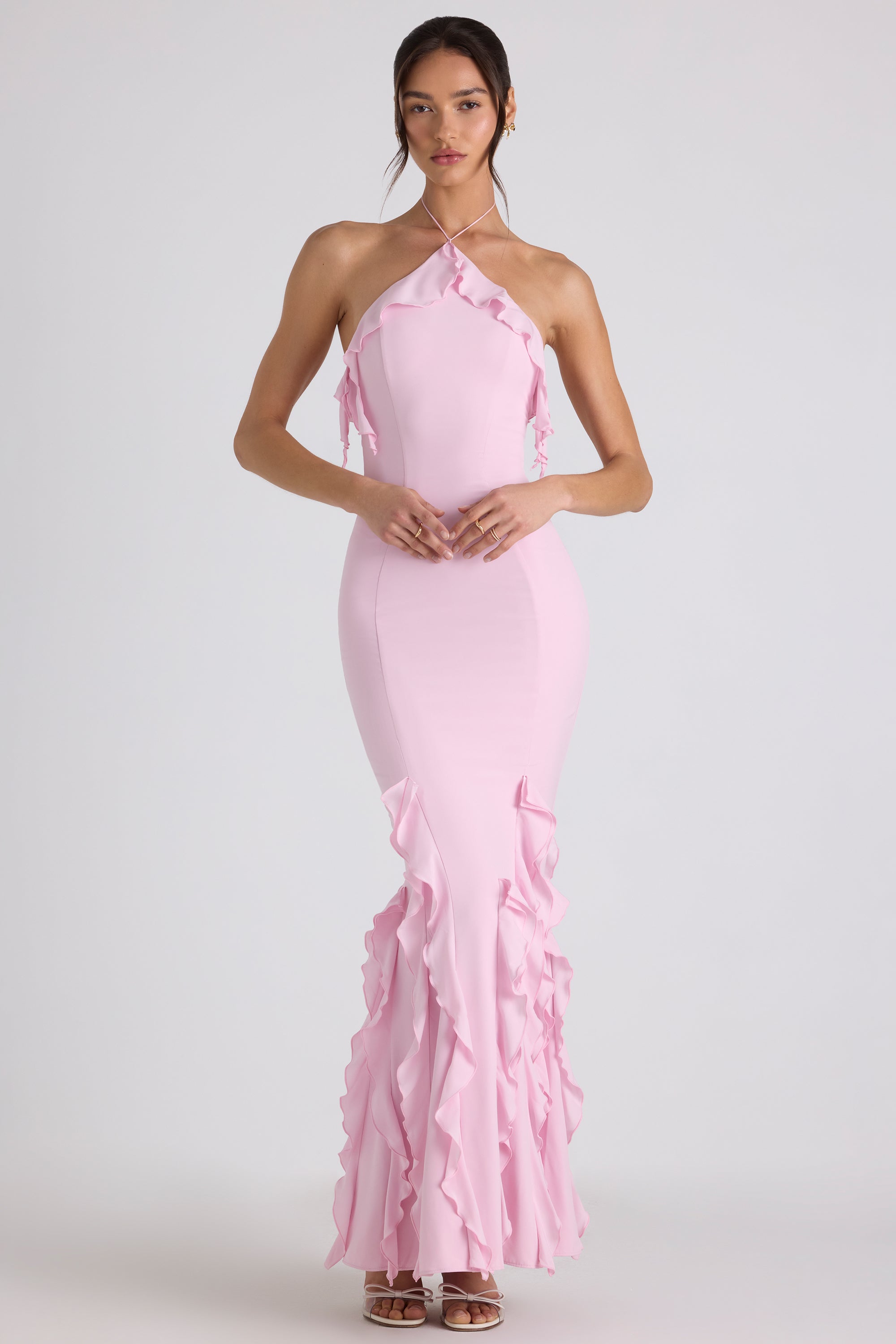 Ruffle-Trim Halterneck Gown in Soft Pink - 8 | Oh Polly Ruffle-Trim Halterneck Gown in Soft Pink - 8 | Oh Polly