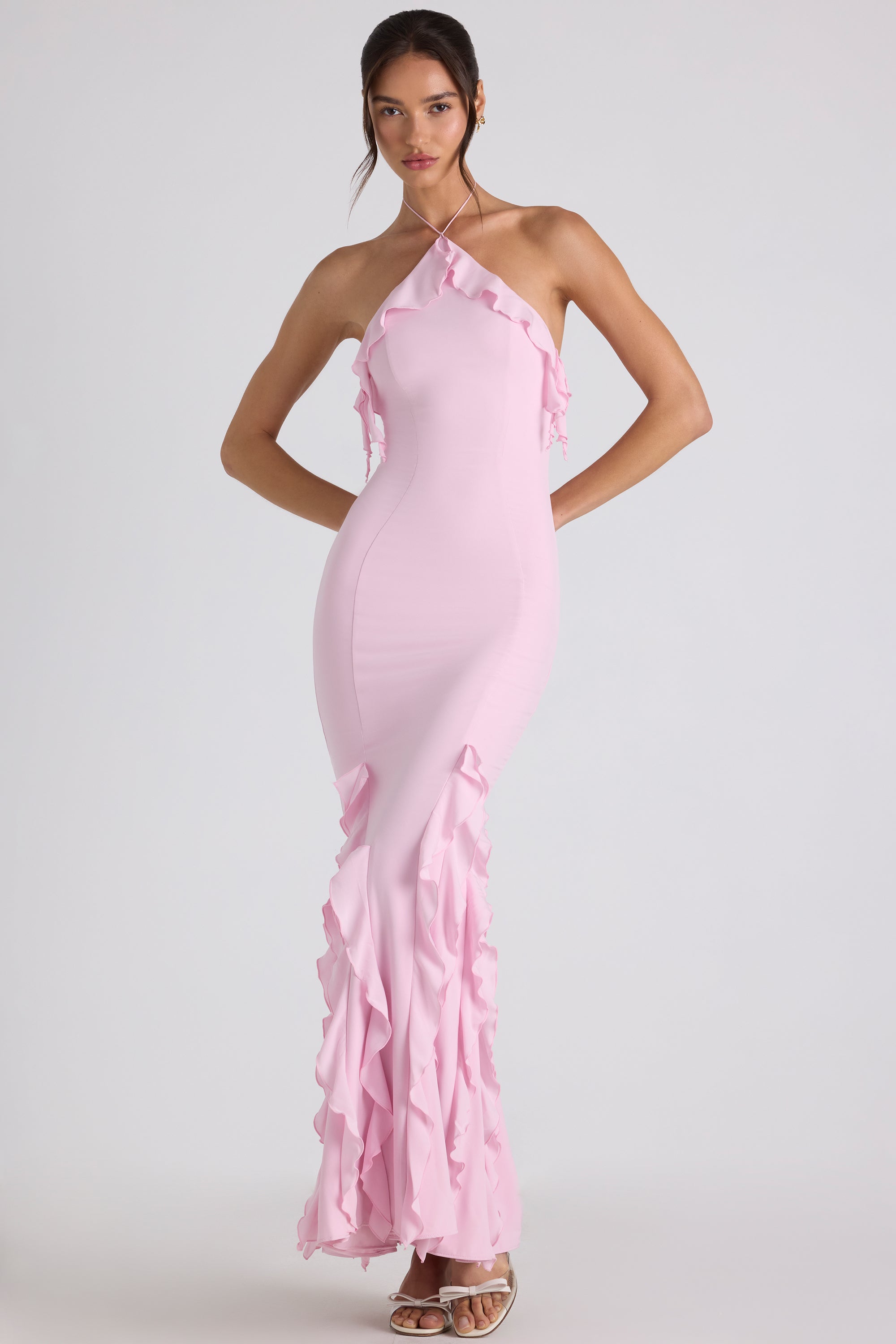 Mireya Ruffle-Trim Halterneck Gown in Soft Pink | Oh Polly