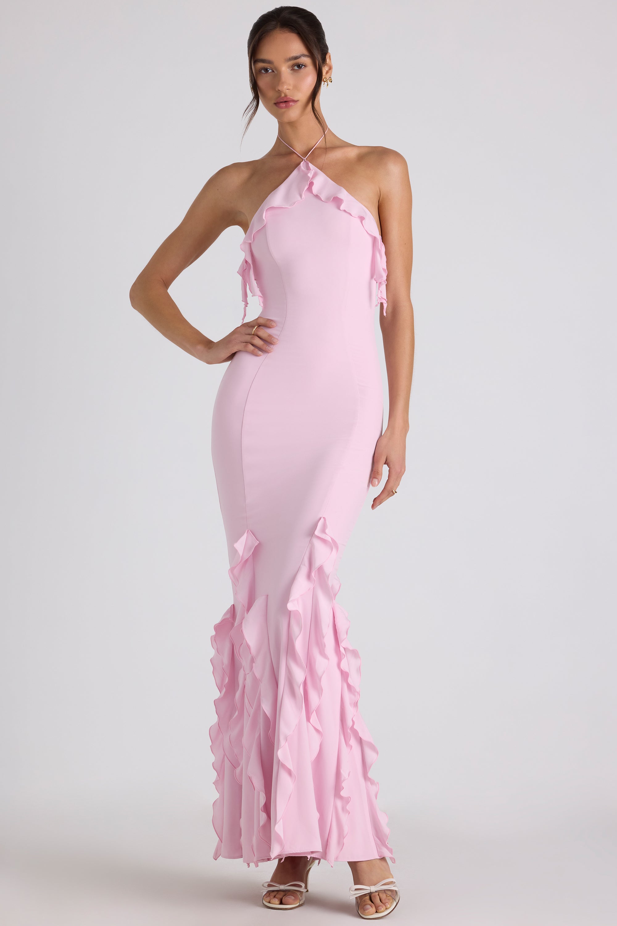 Ruffle-Trim Halterneck Gown in Soft Pink - 8 | Oh Polly Ruffle-Trim Halterneck Gown in Soft Pink - 8 | Oh Polly