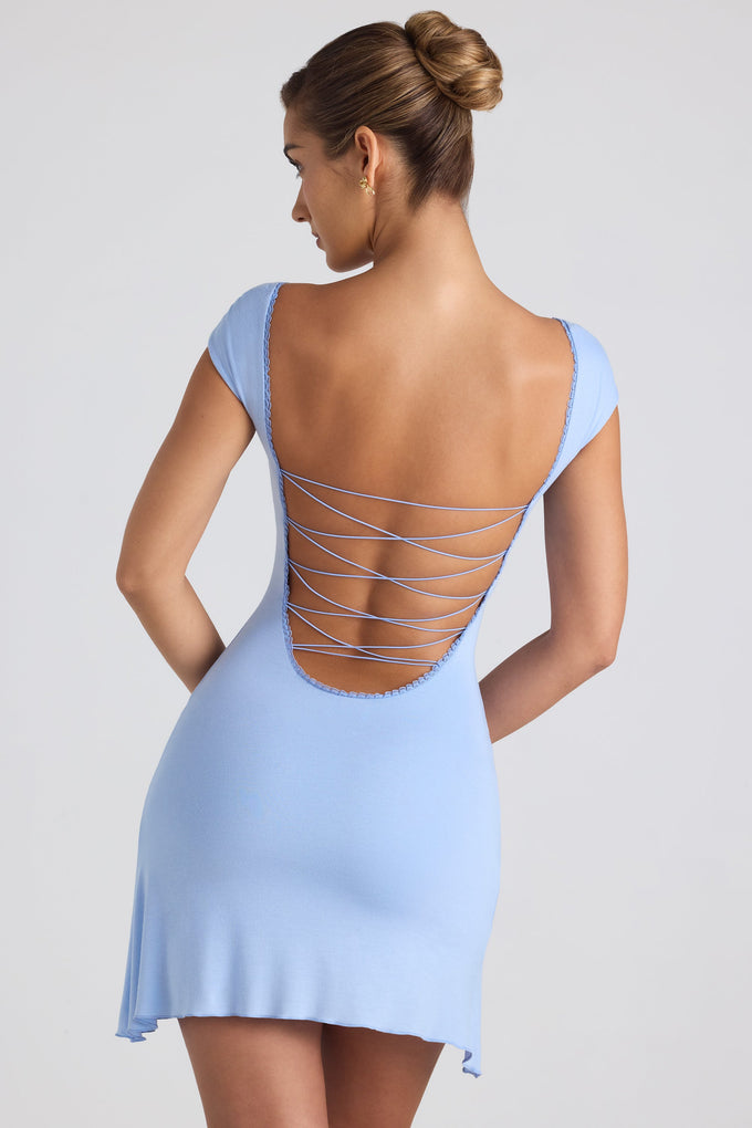 Modal Asymmetric Lace-Up A-Line Mini Dress in Sky Blue