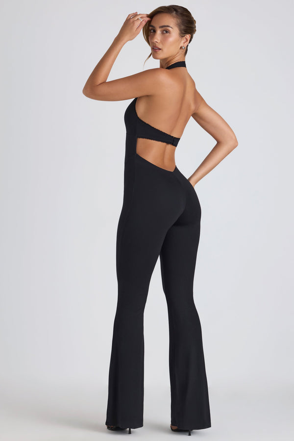 Modal Lace-Trim Cut-Out Flared Jumpsuit in Black - 1