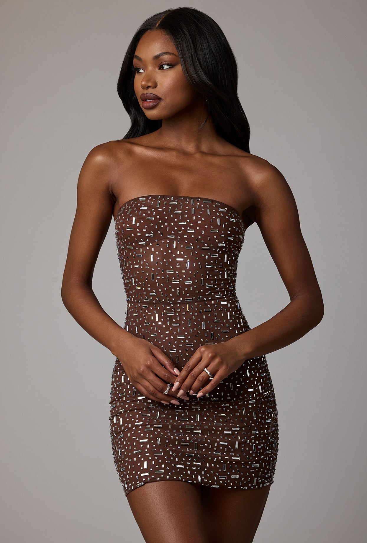 Sheer Embellished Bodycon Mini Dress in Deep Cocoa - 10 | Oh Polly Sheer Embellished Bodycon Mini Dress in Deep Cocoa - 10 | Oh Polly