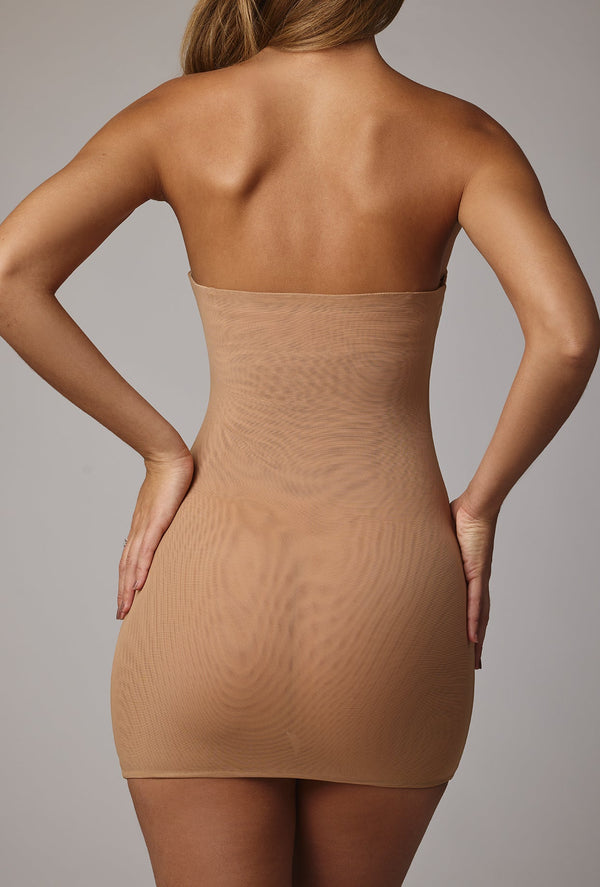 Soft Sheer-Mesh Bandeau Mini Slip Dress in Almond - 2