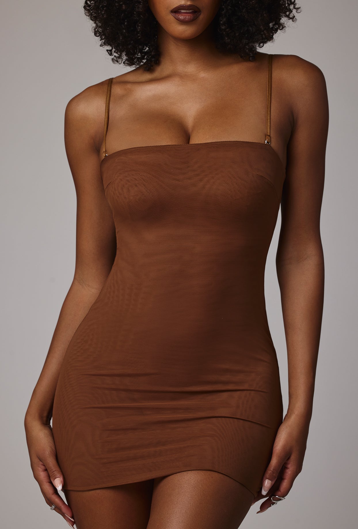 Soft Sheer-Mesh Bandeau Mini Slip Dress in Mocha Soft Sheer-Mesh Bandeau Mini Slip Dress in Mocha